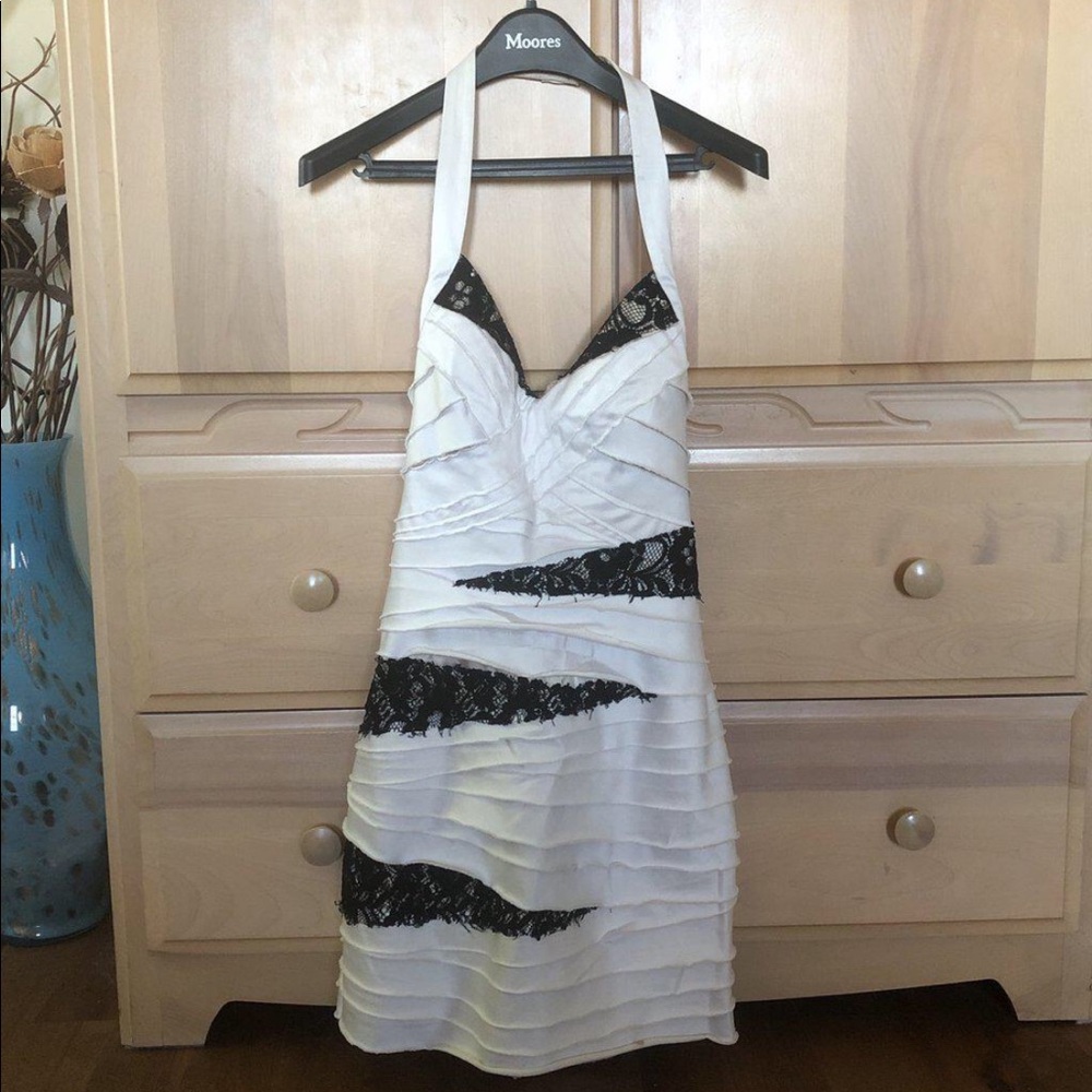 Bebe white satin and black lace halter dress